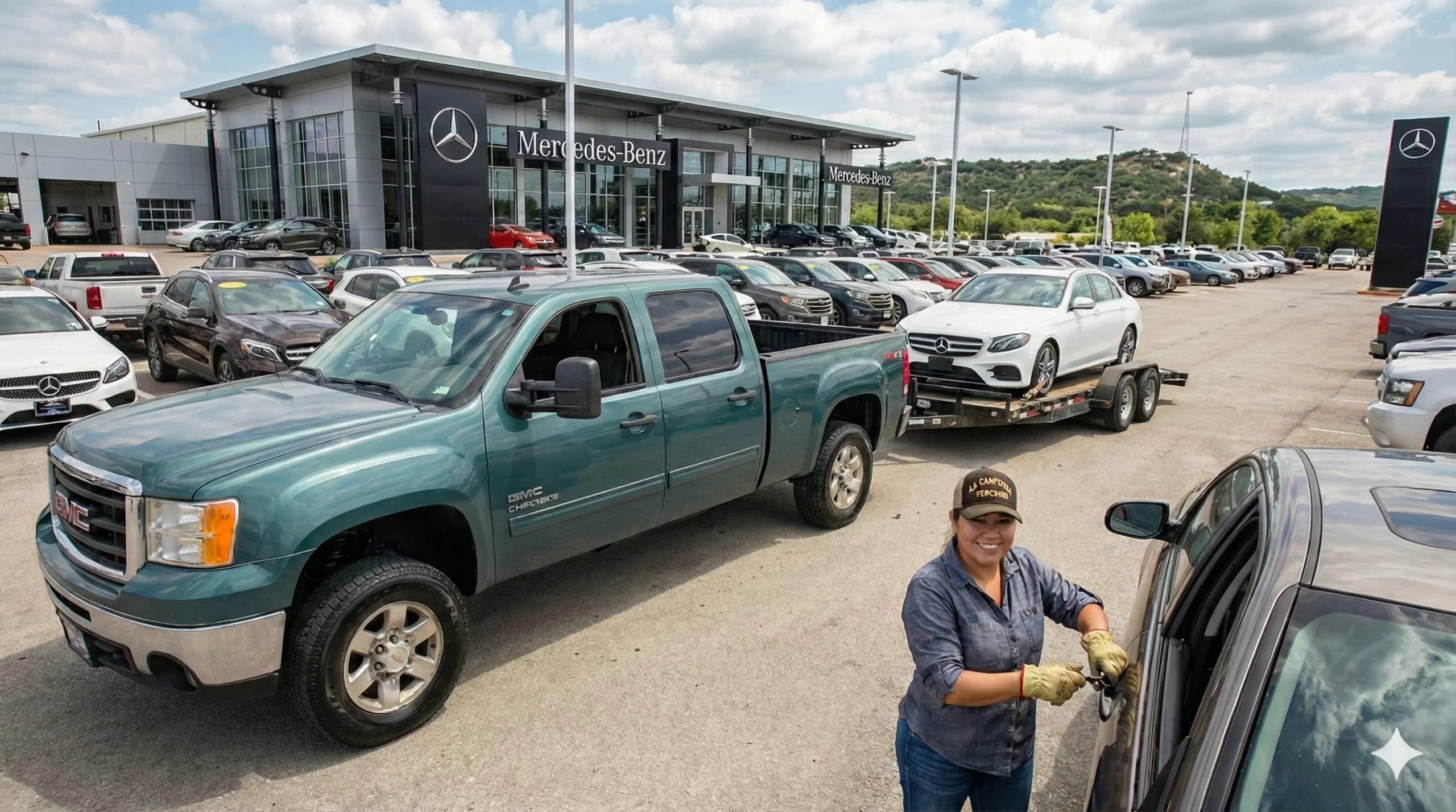 La Chingona Trucking Texas hot shot driver hauling a luxury vehicle on a single-car open trailer