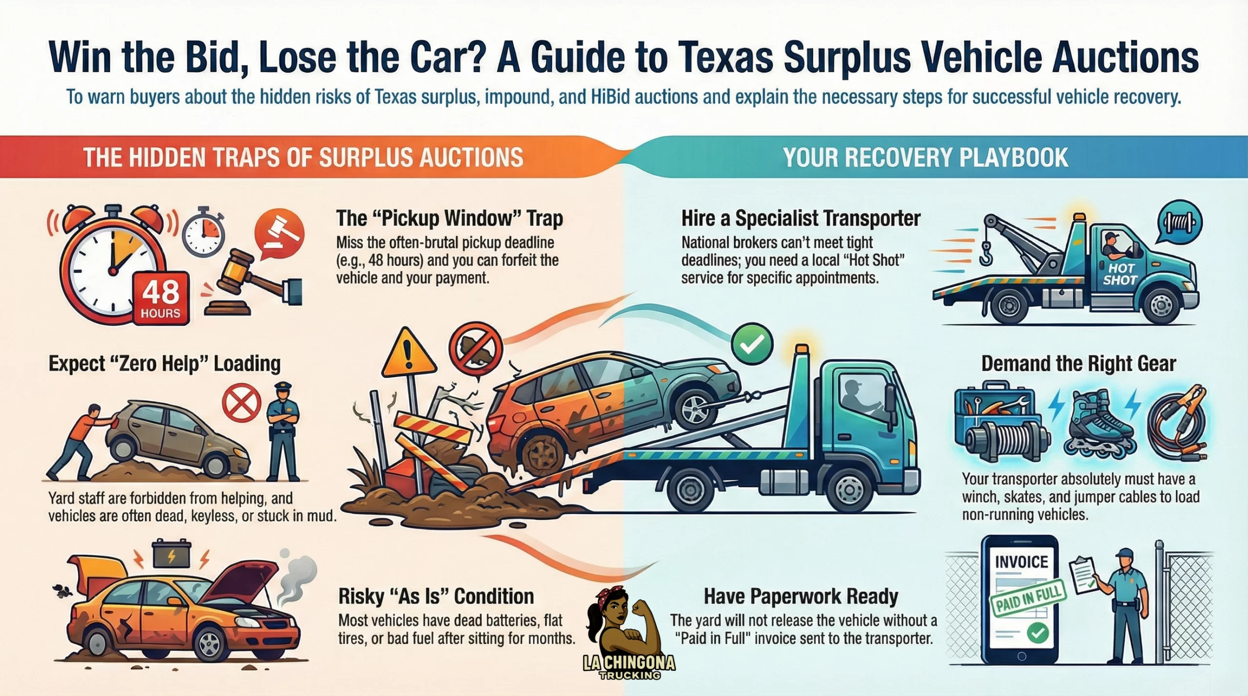Here is the optimized Alt Text for your new infographic. This description is designed to capture the specific "long-tail" keywords people search for when they are stressed about an auction pickup (like "VTR-71-A" or "HiBid recovery").</p>
<p>Copy and paste this exactly:</p>
<p>Essential Texas surplus auction pickup kit infographic for HiBid and impound recovery, listing required paperwork (VTR-71-A, Paid Invoice), recovery gear for non-runners, and lockout tools recommended by La Chingona Trucking