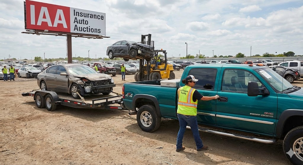IAA Auction vehicle transport service Texas – La Chingona Trucking hotshot driver with GMC 2500HD picking up salvage car from forklift